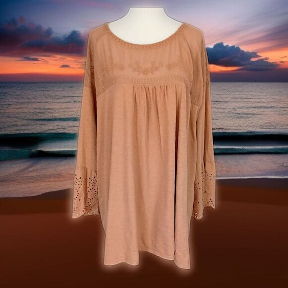 Sonoma Mesh Embroidered Top 3X Eyelet Camel Color Jersey Knit Boho Chic Western. - Picture 11 of 16